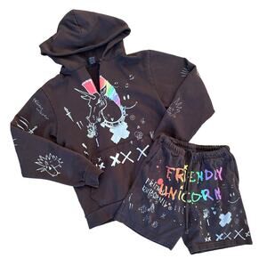 Friendly Unicorn - Punk Hoodie & Sweat Shorts in Brown White & Multi